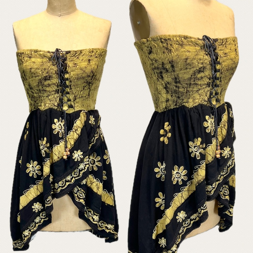 VINTAGE Y2K strapless halter top smocked corset lace peplum‎ ruffle skirt hippie
